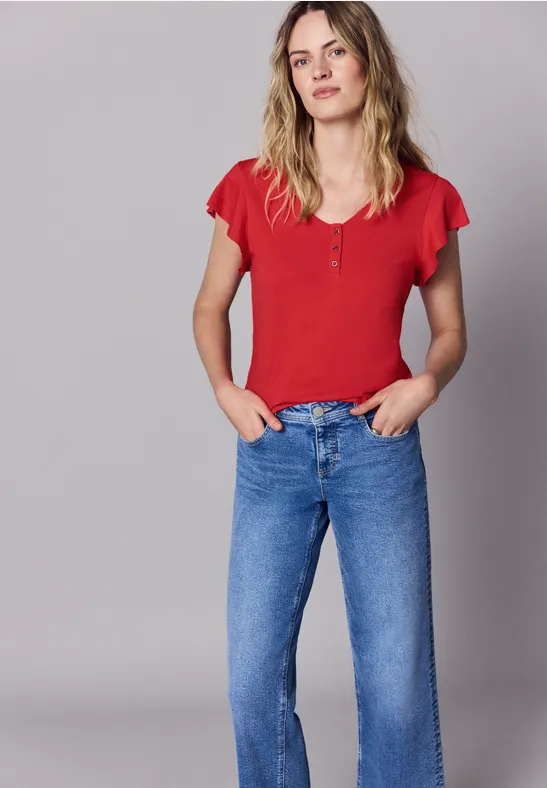 Shirt mit V-Neck und Volant-Ärmeln chili red