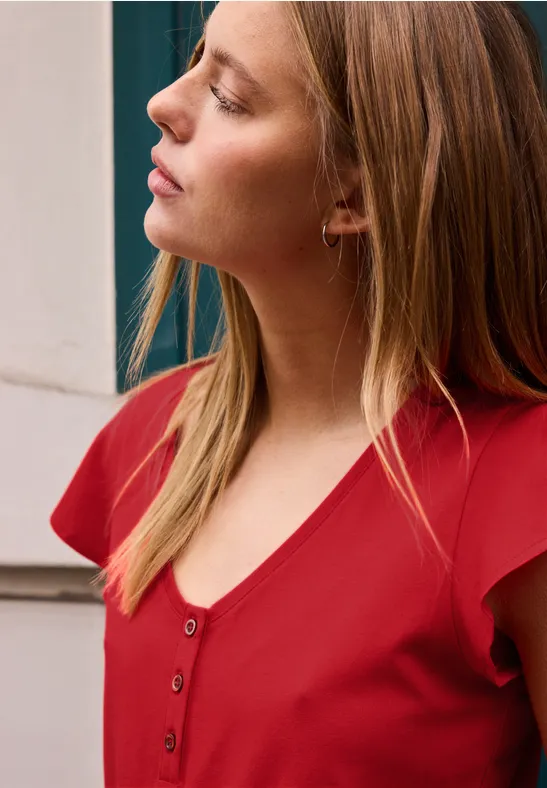 Shirt mit V-Neck und Volant-Ärmeln chili red