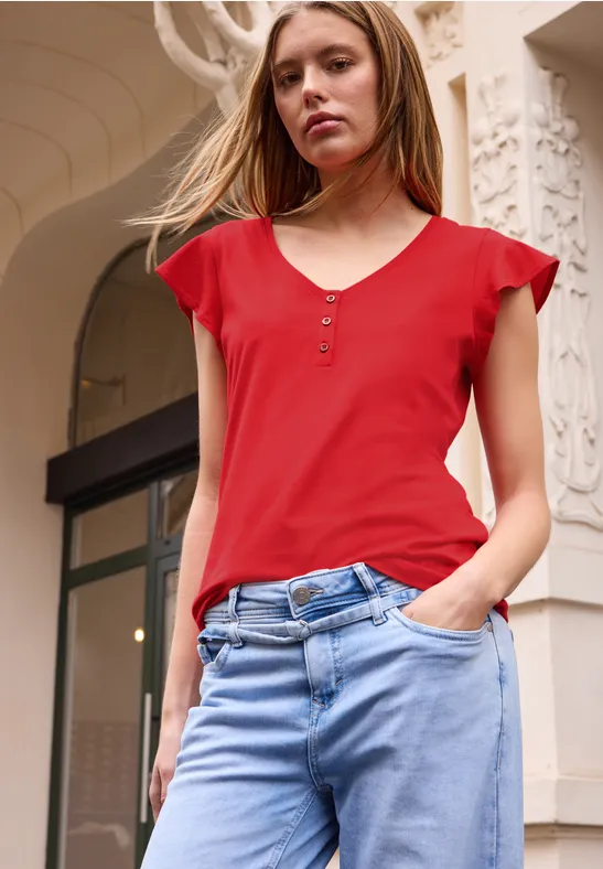 Shirt mit V-Neck und Volant-Ärmeln chili red