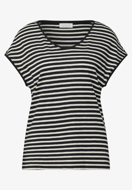 Schwarzes und weißes gestreiftes T-Shirt mit V-Ausschnitt und kurzen Ärmeln.