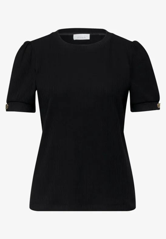 Schwarzes Kurzarmshirt mit Puffärmeln und goldenen Knopfdetails an den Ärmeln