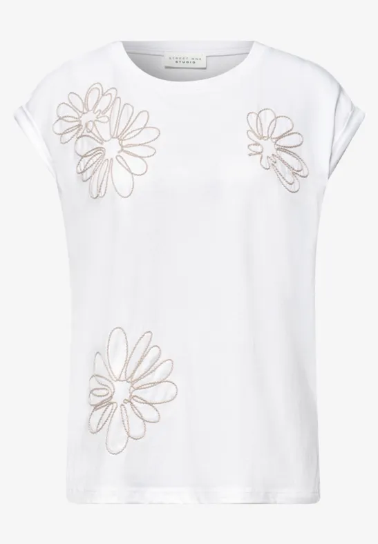 Wit T-shirt met korte mouwen, versierd met grote geborduurde bloemen