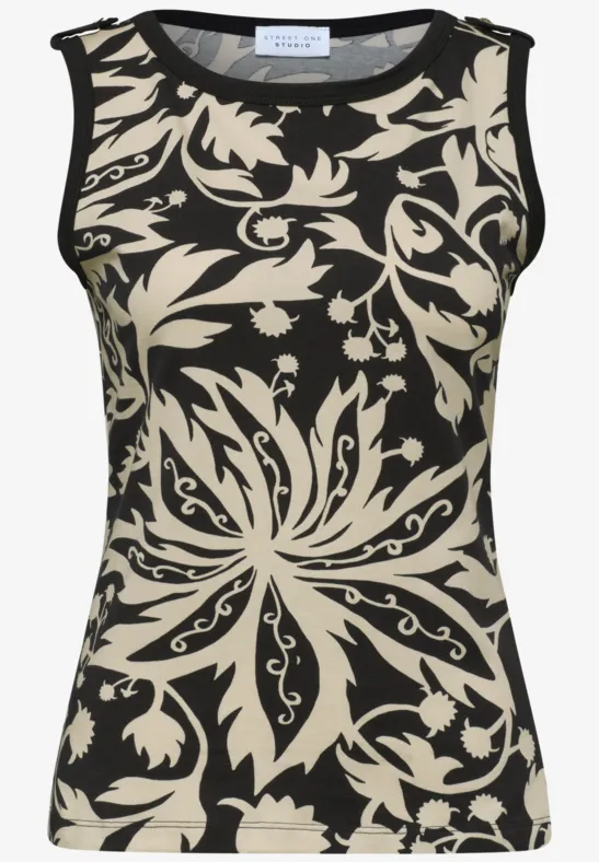 Ärmelloses Top mit schwarz-beigem, floralen Muster.