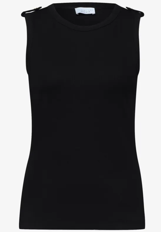 Effen zwart mouwloos topje van gladde stof met ronde halslijn.