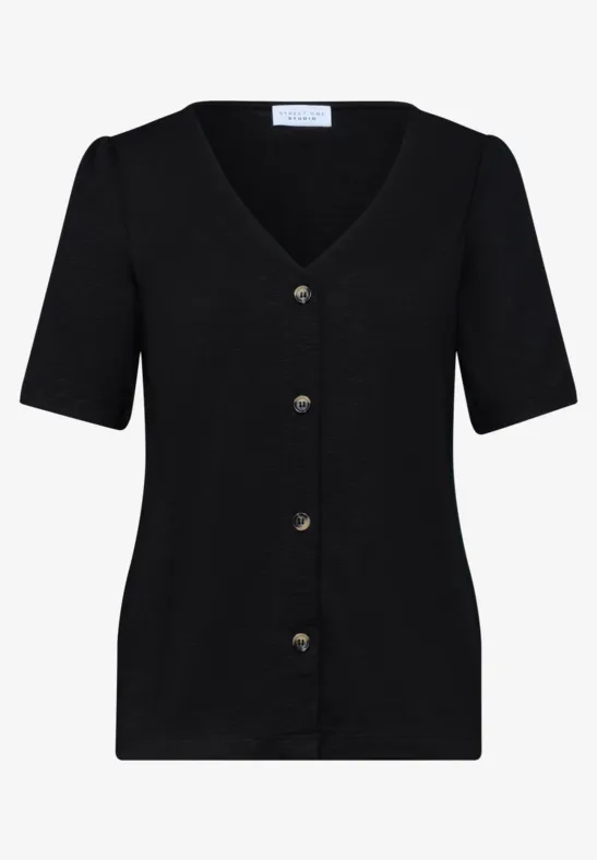 Schwarze Kurzarm-Strickjacke mit V-Ausschnitt und goldfarbenen Knöpfen