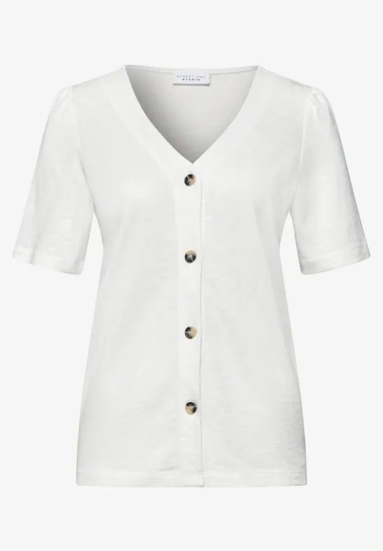 Weißer Kurzarm-Cardigan mit V-Ausschnitt und Knopfleiste.