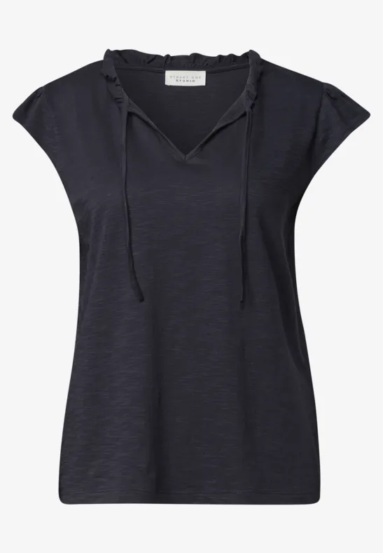 Donkerblauw T-shirt met korte mouwen, capuchon en aantrekkoorden