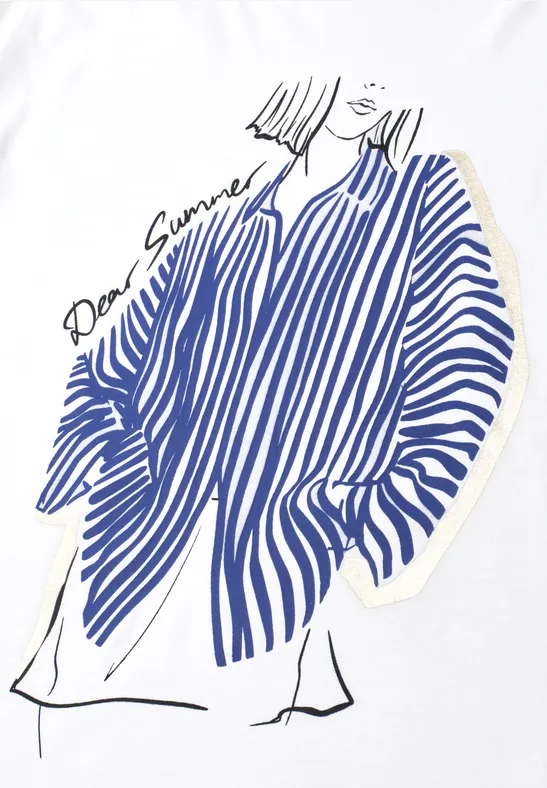 Eenvoudige illustratie van persoon in blauw-wit gestreept oversized overhemd.