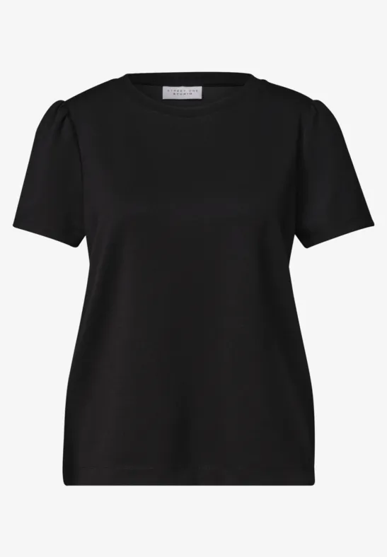 Schwarzes T-Shirt mit kurzen Ärmeln und rundem Ausschnitt