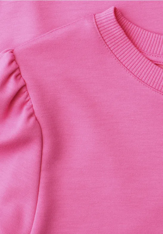 Rosa Sweatshirt mit gerafften Puffärmeln und geripptem Rundhalsausschnitt.