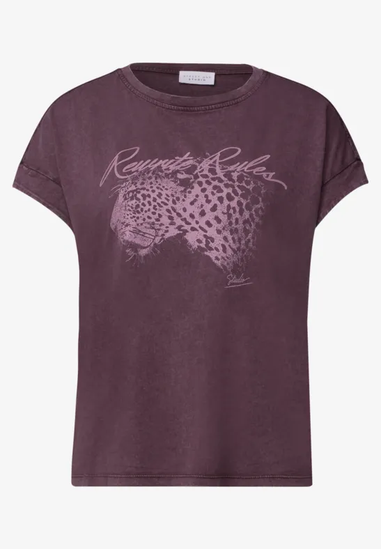 Donkerpaars dames-T-shirt met luipaardkopprint en korte mouwen.