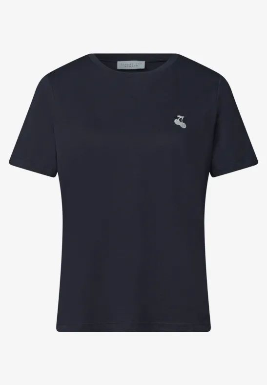 Dunkelblaues T-Shirt mit Rundhalsausschnitt, kurzen Ärmeln und kleinem Logo links auf der Brust.