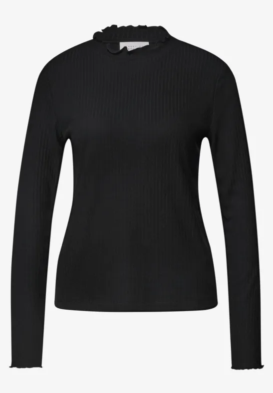 Schwarzes, figurbetontes Langarmshirt aus Rippstrick mit dezentem Stehkragen.