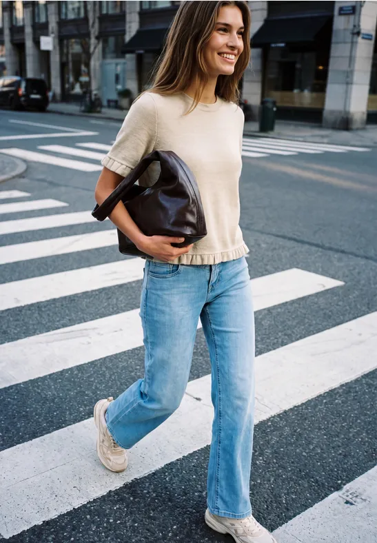 Eine lächelnde Frau in Jeans und hellem Shirt überquert eine Straße auf einem Zebrastreifen und trägt eine Handtasche.