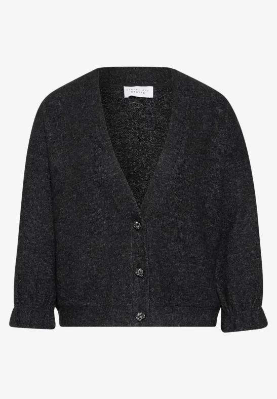 Dunkelgrauer Wollcardigan mit V-Ausschnitt, Knopfleiste und langen Ärmeln, weiche Textur, legerer Schnitt.