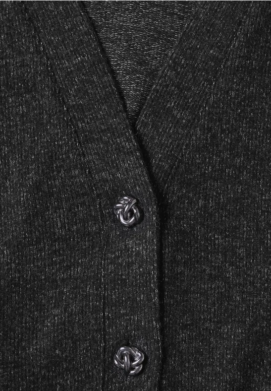 Dunkelgrauer Strickcardigan mit feinem Glitzereffekt und zwei silberfarbenen Logo-Knöpfen