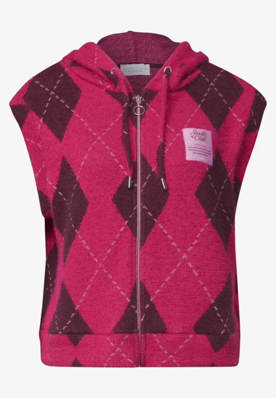 Ärmellose Jacke mit Kapuze, Reißverschluss und Rautenmuster, pink und dunkelrot.