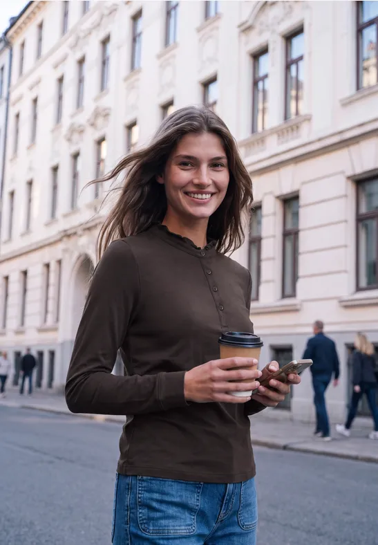 Junge Frau im braunen Pulli lächelt, hält Kaffee und Smartphone auf belebter Straßenszene.