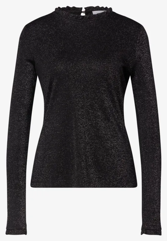 Schwarzes, schimmerndes Langarmshirt mit Stehkragen für Damen