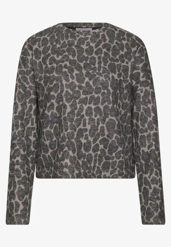 Damen-Sweatshirt mit rundem Ausschnitt und graubraunem Leopardenmuster.