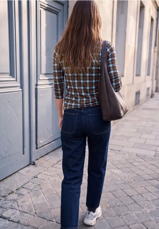 Frau von hinten in Jeans, kariertem Hemd, Sneakers und Schultertasche spaziert eine gepflasterte Straße entlang.
