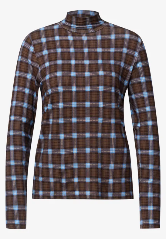 Langärmliges Rollkragentop mit braun-blauem Karomuster