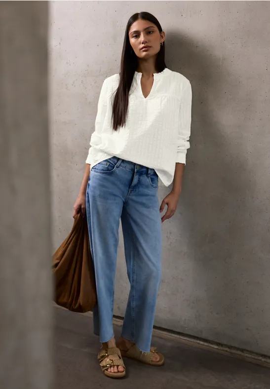 Seersucker blouse met ruches off white