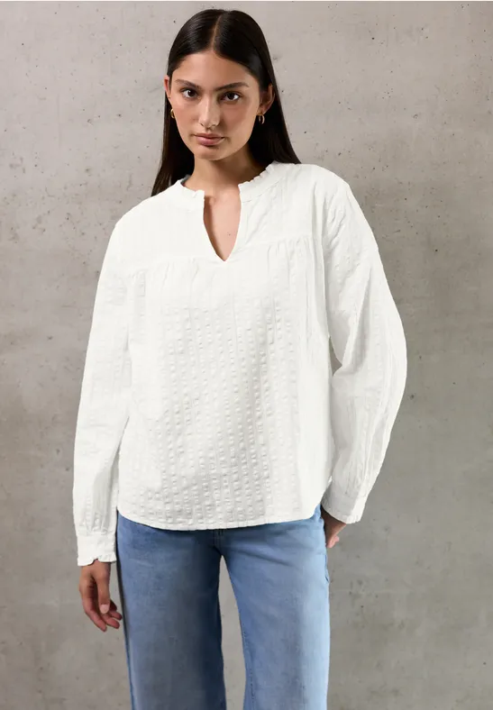 Seersucker blouse met ruches off white