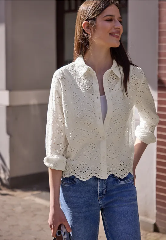 Langarm Bluse mit Shiffleymuster off white