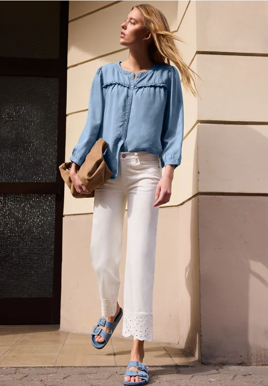 3/4-Arm Bluse im Washed-Look Light Blue soft wash