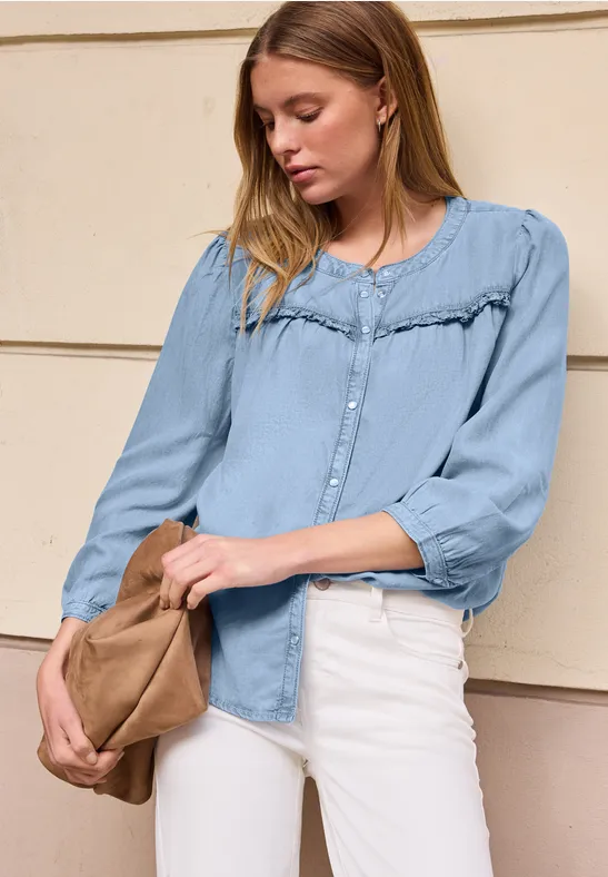 3/4-Arm Bluse im Washed-Look Light Blue soft wash