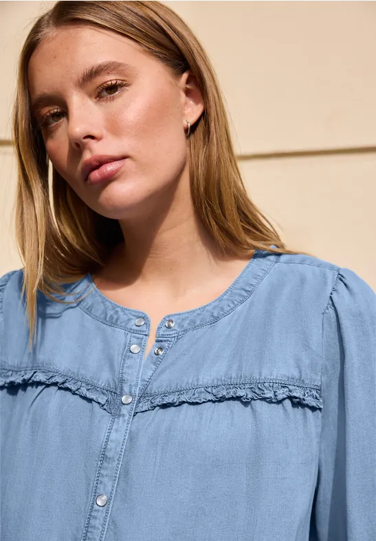 3/4-Arm Bluse im Washed-Look Light Blue soft wash