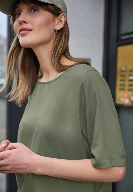 Blouse met korte mouwen en ronde hals in effen kleur Lichen Green