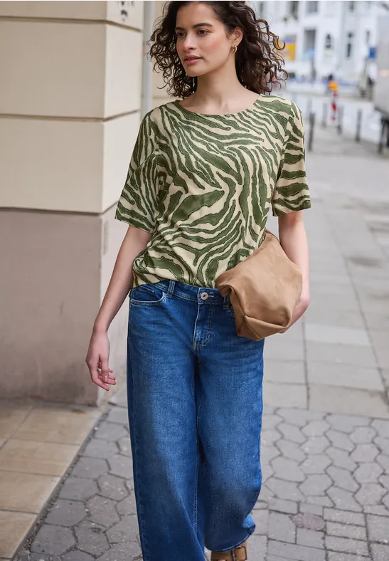 Kurzarm Bluse mit Rundhals und Print Lichen Green