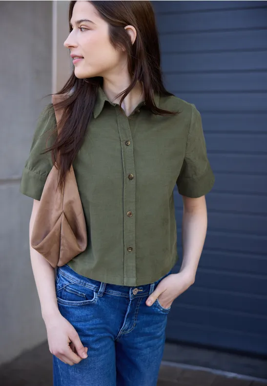 Blouse met korte mouwen in ribfluweel Lichen Green