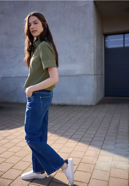 Blouse met korte mouwen in ribfluweel Lichen Green