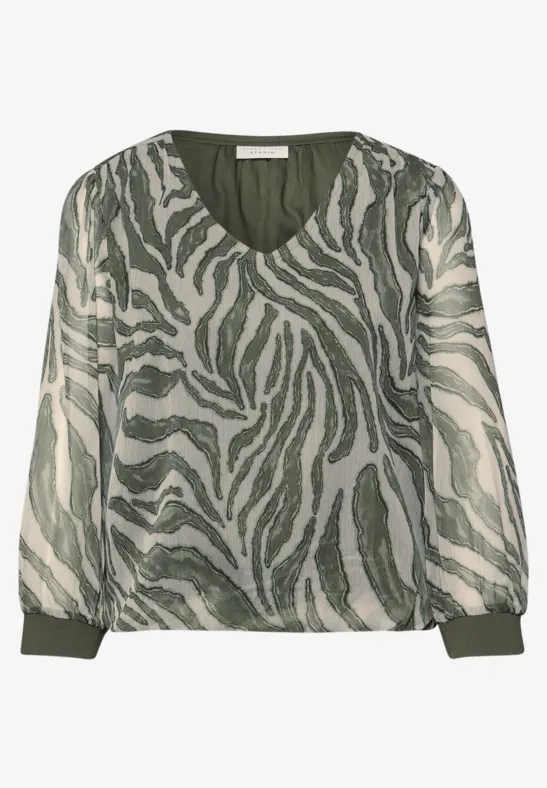 Blouse à manches longues avec col en V en mousseline de soie Lichen Green