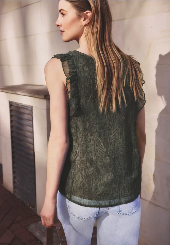 V-Neck Top aus Chiffon mit Volants oil green