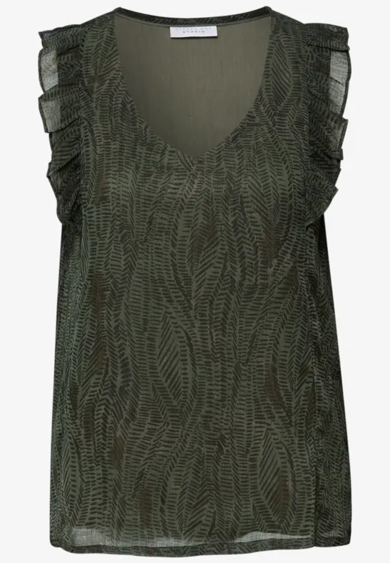 V-Neck Top aus Chiffon mit Volants oil green