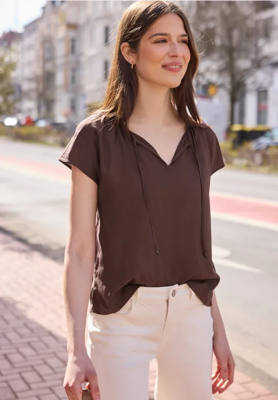 Dropped Shoulder Bluse mit Split Neck mahogany brown