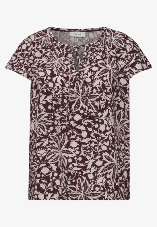 Damen-T-Shirt mit kurzarm, bordeauxrotem Stoff und weißem Blumenblätter-Muster