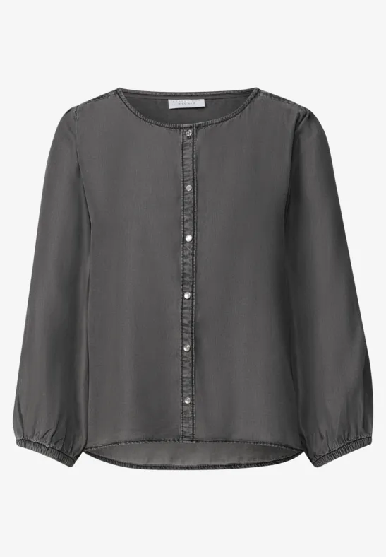 Graue, langärmlige Bluse mit Knopfleiste und Rundhals