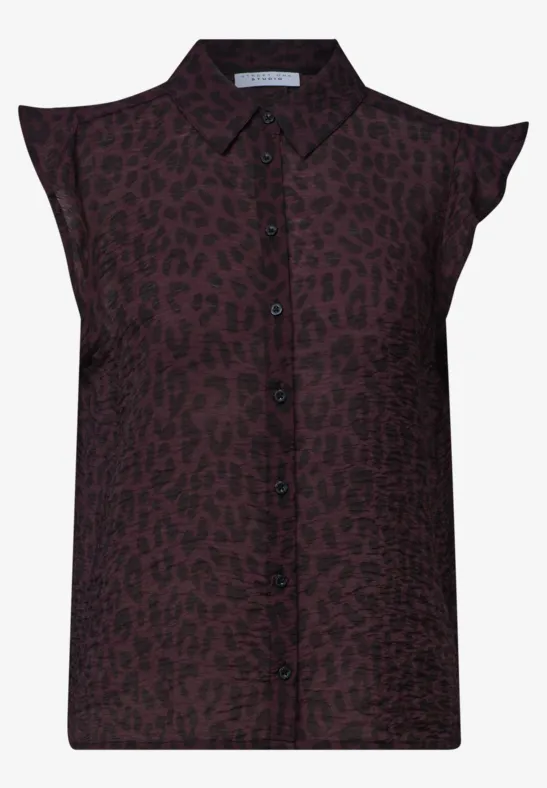 Ärmellose Damenbluse mit rot-schwarzem Leopardenmuster, Knopfleiste und kleinem Kragen.