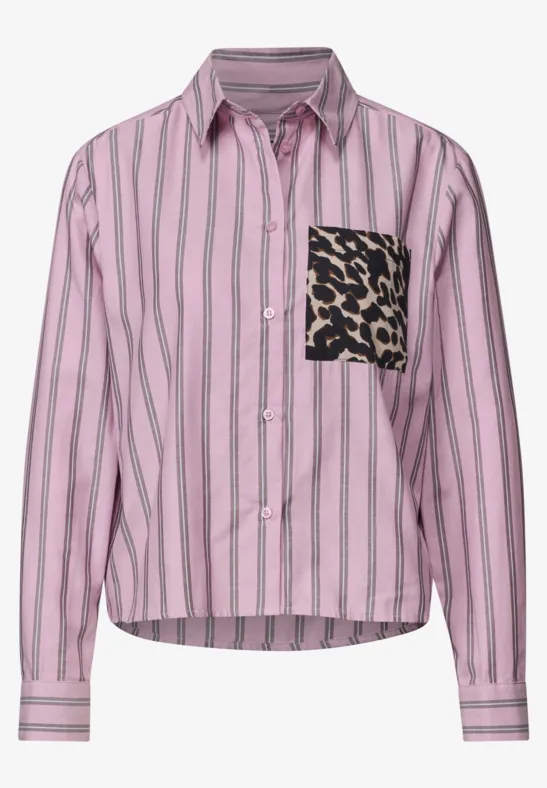 Chemise femme rose à fines rayures et poche poitrine à motif léopard