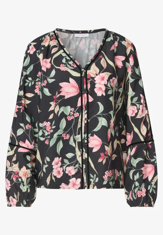 Schwarze Bluse mit durchgehendem Reißverschluss und rosafarbenem Blumenmuster, V-Ausschnitt und elastischen Ärmelbündchen