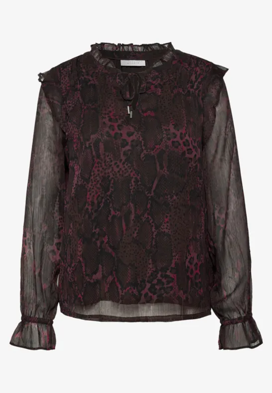 Damenbluse mit dunklem Schlangenprint, langem Ärmel und Rüschen am Kragen und Saum
