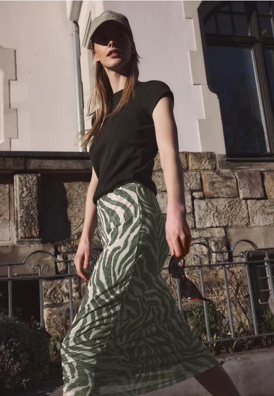 Jupe midi avec motif zèbre Lichen Green
