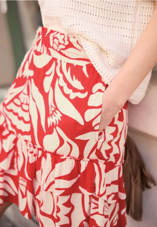 Knielange rok met bloemenpatroon chili red