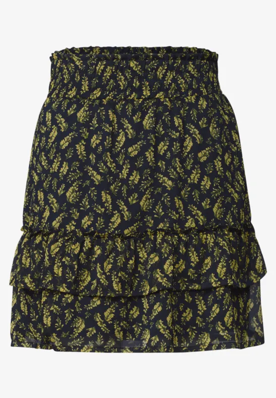 Schwarzer Damen-Minirock mit gelbem Blumenmuster und Volants, elastischer Bund
