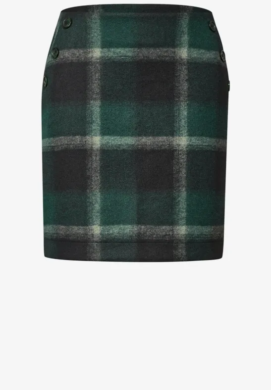 Groene mini-rok met ruitpatroon in donkergroen, zwart en grijs.